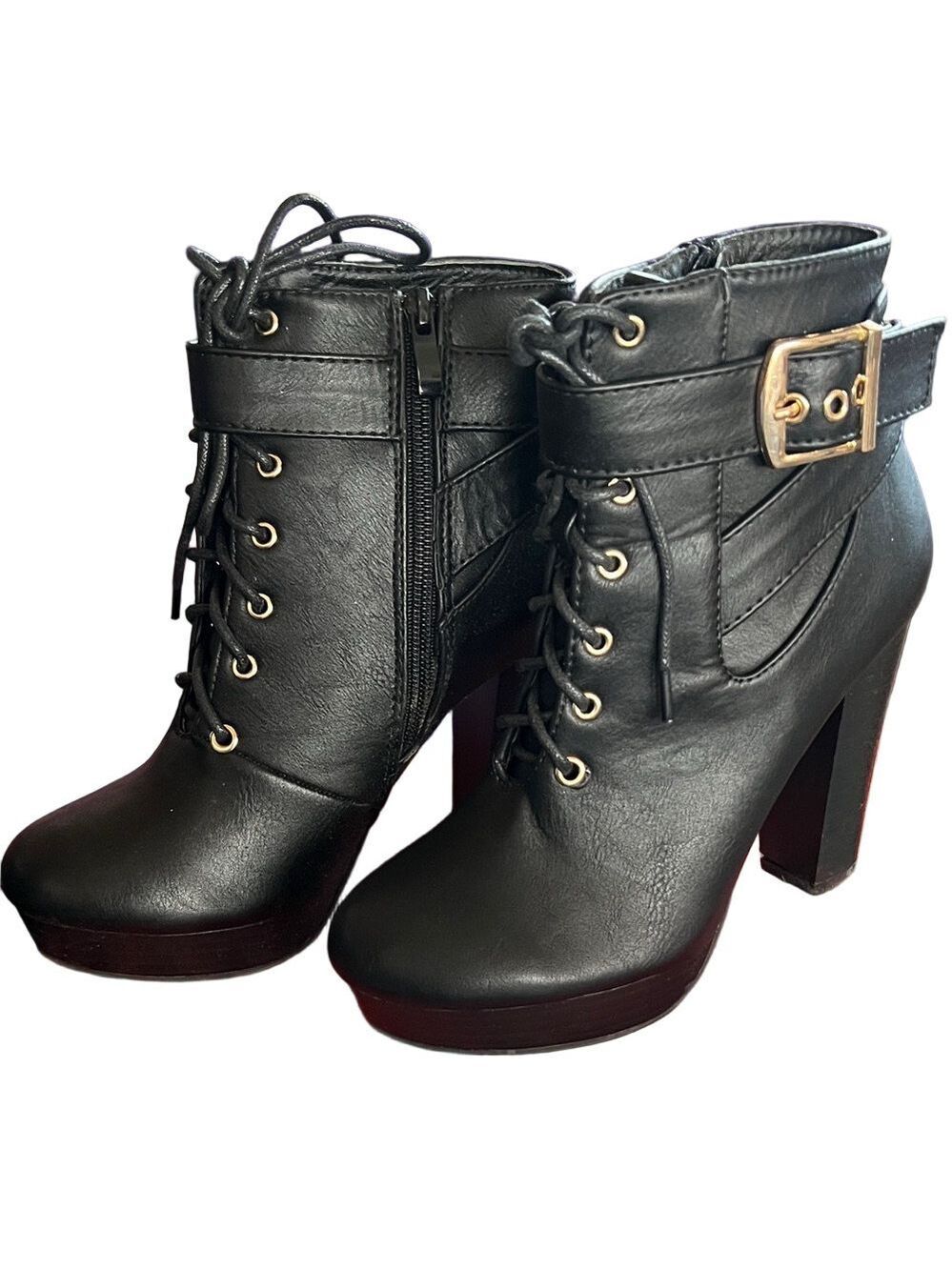 Fashion Nova Black Lace-Up Ankle Boots, Size 6
